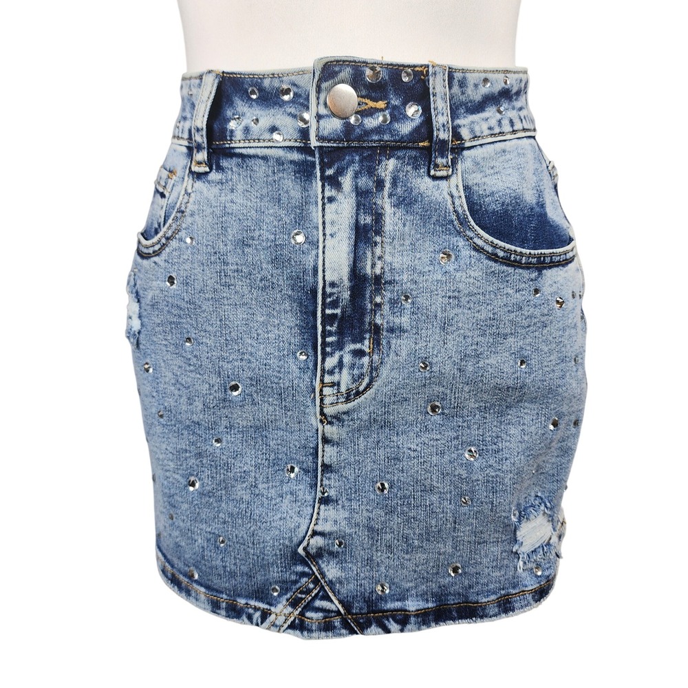 Pretty Little Patriot Rhinestone Denim Mini Skirt Womens Small Distressed Casual